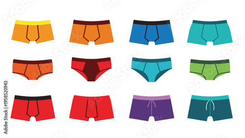 Diverse collection of men underwear styles including boxers and briefs in various colors like orange blue red green and purple on white.