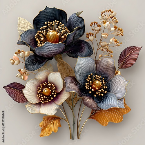 Floral arrangement with metallic accents and rich textures Image