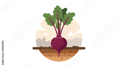 Agricultural illustration showing a whole beet root growing underground with its green leaves above and a city skyline in the distance.