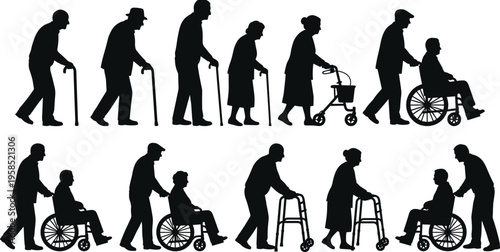 elderly mobility silhouettes set, seniors walking with cane walker wheelchair, caregiver assistance support, aging disability healthcare concept, isolated vector illustration