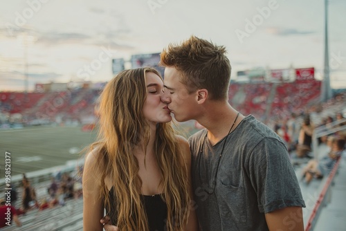 Young couple kissing in stadium stands romantic lifestyle moment,Teenage couple sharing kiss on sports bleachers during date,Youth romance scene with couple kissing in sports stadium