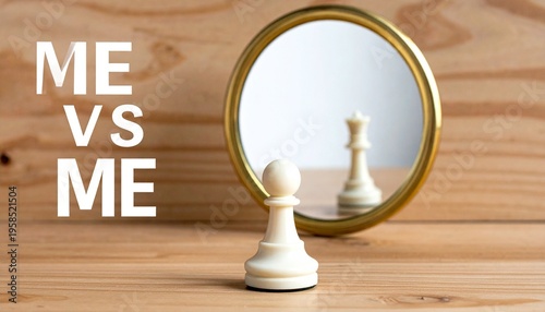 Conceptual Motivational Image of a Wooden Chess Pawn Standing Before a Mirror Reflecting a King Piece on a Rustic Wood Surface with the Text 