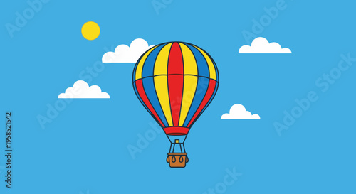 Colorful hot air balloon floating in blue sky with clouds and sun