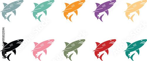 Colorful Shark Silhouettes Collection on White Background, Vibrant Shark Silhouette Set Isolated on White