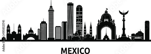 Black silhouette of Mexico city skyline with iconic landmarks and skyscrapers on white background
