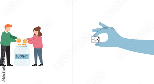 Illustration of a Couple Saving Money in a Budget Jar and a Hand Holding a Dice, Representing Financial Planning and Decision-Making