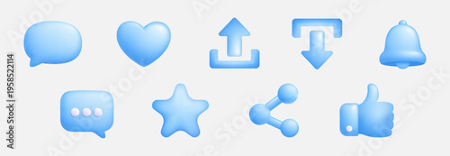 Soft blue 3D social media icons set including like, share, chat, heart, star, upload and notification symbols.