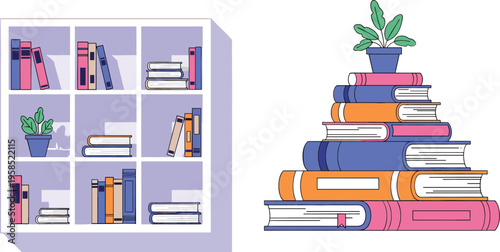 Illustration of a Colorful Book Shelf and Stack of Books with a Plant in Modern Minimalistic Style for Home or Office Decoration