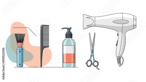 Professional hair salon tools including a dryer, scissors, comb, spray bottle, and brush for beauty and styling needs.
