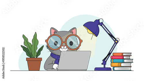 Cute cat wearing glasses and a scarf working on a laptop at a desk with a lamp, books, and a potted plant in the room.