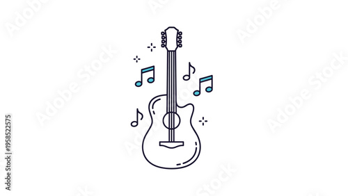 Acoustic guitar illustration surrounded by floating musical notes and stars representing music lessons and creativity.