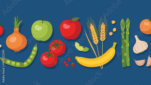 Healthy food banner featuring various fruits and vegetables like apples, tomatoes, bananas, asparagus, and garlic bulbs.