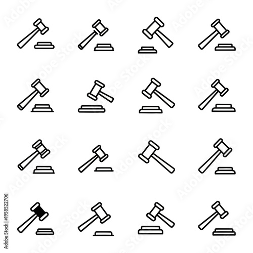 Set of sixteen minimalist judge gavel icons in black line art style, isolated on a white background.