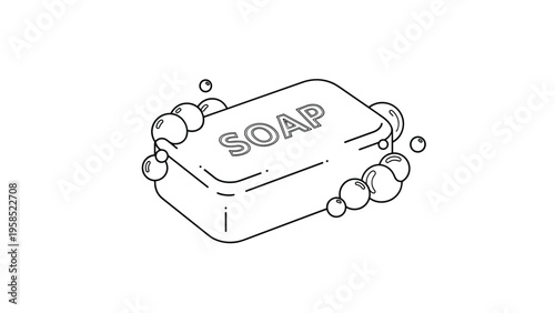 Black and white outline illustration of a bar of soap with bubbles focusing on clean linear design.