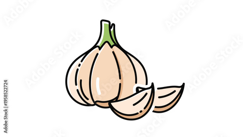 Whole bulb of garlic with two individual cloves showing green stem and detailed skin textures on white.