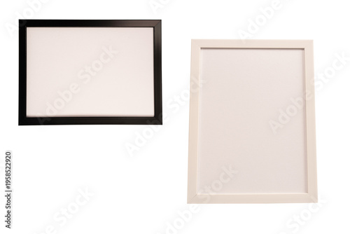 Black empty photo frame isolated on white background.