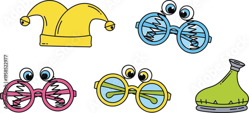 Assortment of silly joke accessories including novelty glasses and a jester hat for pranks
