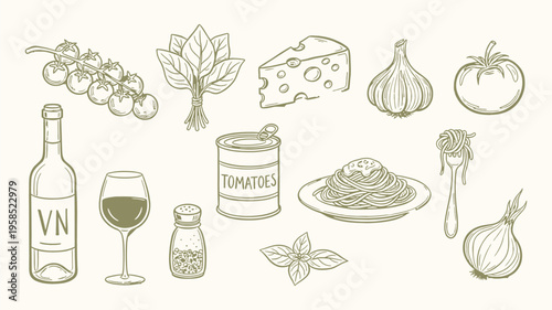 Italian food doodle illustration set, hand drawn pasta, wine, cheese, tomato and more. Mediterranean cuisine illustration