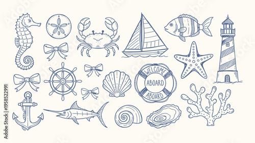 Nautical vintage icons set. Vector hand drawn monochrome sketch illustration. Hand drawn illustration of rope, corals, guard post, sun, seagull