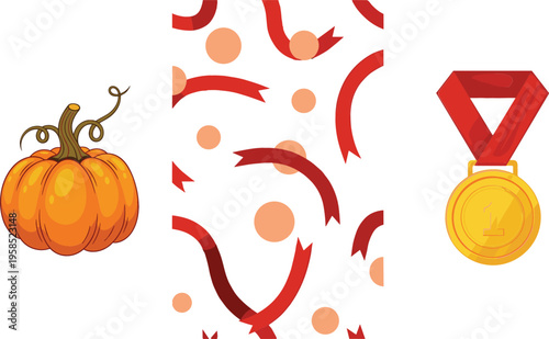 Illustration of a Pumpkin, Colorful Ribbon Patterns, and a Gold Medal, Representing Autumn Celebration and Achievement Themes