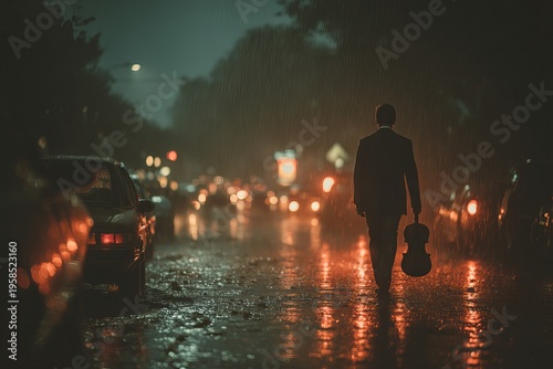 Man walking alone in heavy rain at night with city lights bokeh,Cinematic silhouette of person walking in rainy street at night,Lonely man walking in rain with blurred traffic lights background