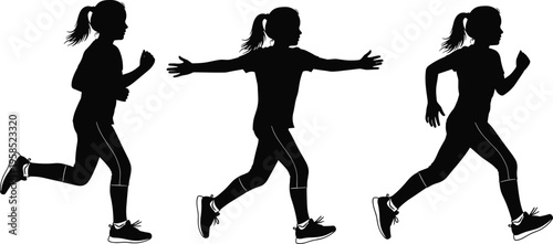 Set of little girl running silhouettes in different motion poses showing active child exercising jogging and sprinting for sports fitness and healthy lifestyle
