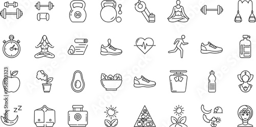 Healthy lifestyle and fitness line icon set featuring workout nutrition meditation minimal outline vector collection
