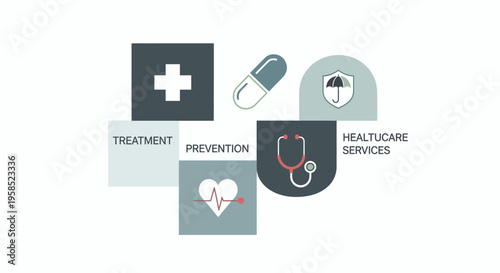 Medical icons represent healthcare services with treatment and prevention symbols
