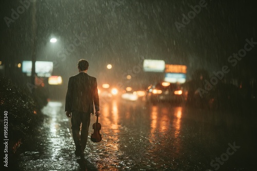Man walking alone in heavy rain at night with city lights bokeh,Cinematic silhouette of person walking in rainy street at night,Lonely man walking in rain with blurred traffic lights background