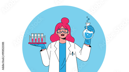 Happy young female scientist with pink hair wearing goggles and a lab coat while holding test tubes and a chemical flask in her hands.