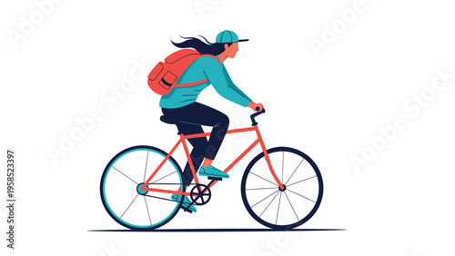 Active young woman with a backpack riding a red bicycle across a white background, representing eco-friendly urban transportation.