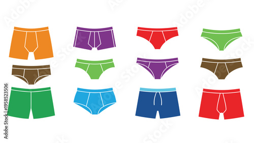 Grid of colorful icons showing different types of men's underwear from briefs to boxer shorts in a clean and simple vector style.