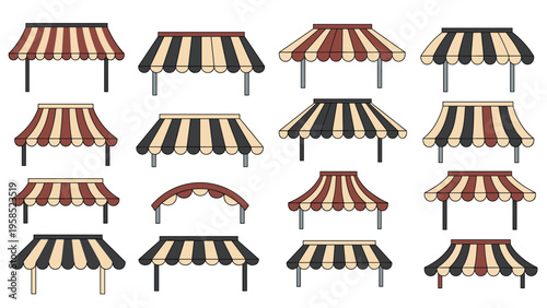 Diverse collection of striped store awnings and canopies in various colors and shapes for commercial shop front design inspiration.