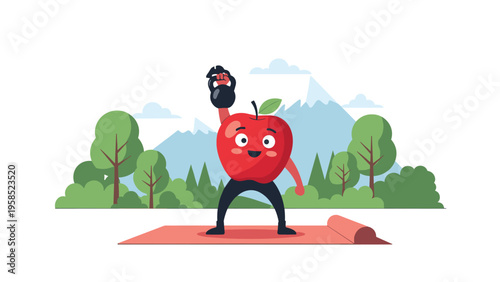 Smiling red apple character performs overhead kettlebell press exercise on a fitness mat in a scenic mountain park environment.
