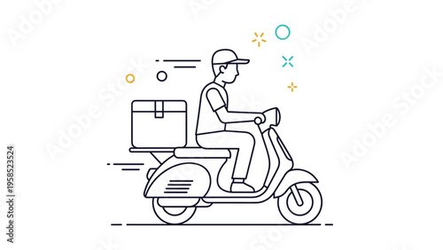 Minimalist line art of a delivery man wearing a cap and riding a scooter with a large cargo box on the back for fast shipping services.