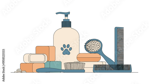 Assortment of professional pet grooming products including shampoo bottle with paw print, soaps, brushes, and combs on white background.