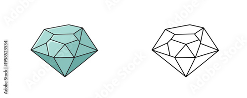 Zircon gemstone vector illustrations shown in colored cartoon and black outline linear styles, vibrant teal blue mineral tones, representing a faceted precious stone on white background