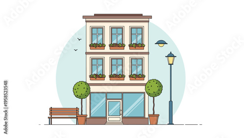 Charming three-story urban building featuring ground floor storefront windows, flower boxes, park bench, and classic street lamp.