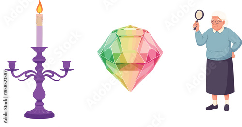 Illustration of an Elderly Woman with a Magnifying Glass, Colorful Gem, and Purple Candle Holder, Representing Mystery and Investigation Themes