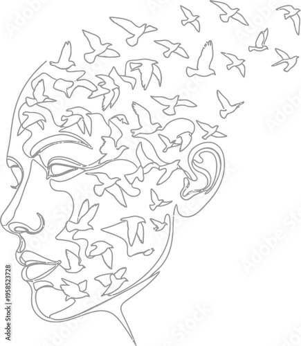 Minimalist continuous line art drawing depicts a woman's profile whose thoughts are escaping as a flock of birds