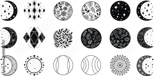 Set of minimalist black crescent moon phase icons featuring various lunar cycles for weather apps night mode interface design and celestial astrology designs