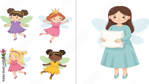 Illustration of Cute Fairies with Colorful Dresses and a Girl Holding a Pillow, Ideal for Children's Bedroom or Nursery Decor