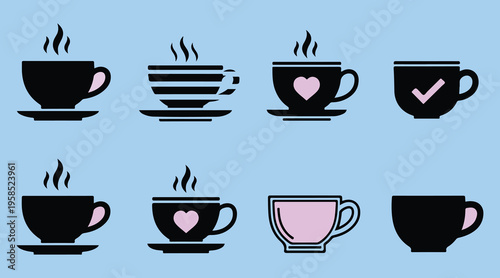 Collection of various tea and coffee cup icons on blue background  hot beverages and mugs with saucers and steam rising