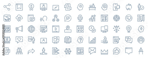 Blogger influencer web icons set in line stroke design. Outline pictogram pack of link, follower subscribes, posts, content creator, cloud processing, messages, statistics, more. Vector illustration.