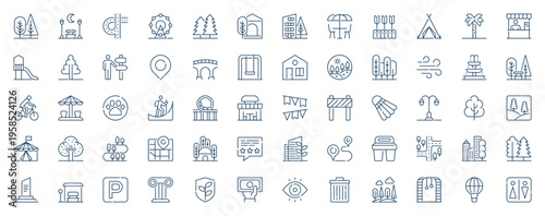 City park web icons set in line stroke design. Outline pictogram pack of trees, bench, roads, ferris wheel, street cafe, playground, direction pointer, bridge, urban route, more. Vector illustration.