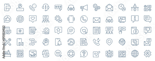 Customer service web icons set in line stroke design. Outline pictogram pack of messages and calls, answer client, headset, feedback, technical support, business contact, more. Vector illustration.