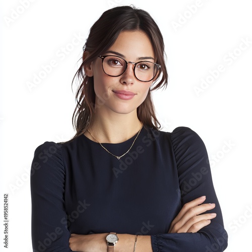 Confident businesswoman with glasses standing with arms crossed,Professional woman wearing eyeglasses posing with confident expression,Smart female entrepreneur with crossed arms isolated on clean 