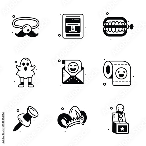 Collection of fun April Fools Day icons with a playful, cartoonish style.