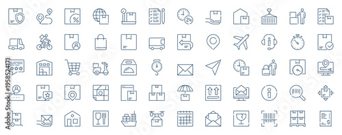 Delivery logistics web icons set in line stroke design. Outline pictogram pack of parcel protect, distribution routes, global shipping, warehouse storage, courier shipment, more. Vector illustration.