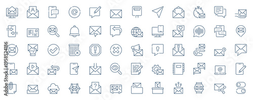 Email message web icons set in line stroke design. Outline pictogram pack of digital letter, notification, chat, spam, writing post, mailbox, mail contact, correspondence, more. Vector illustration.